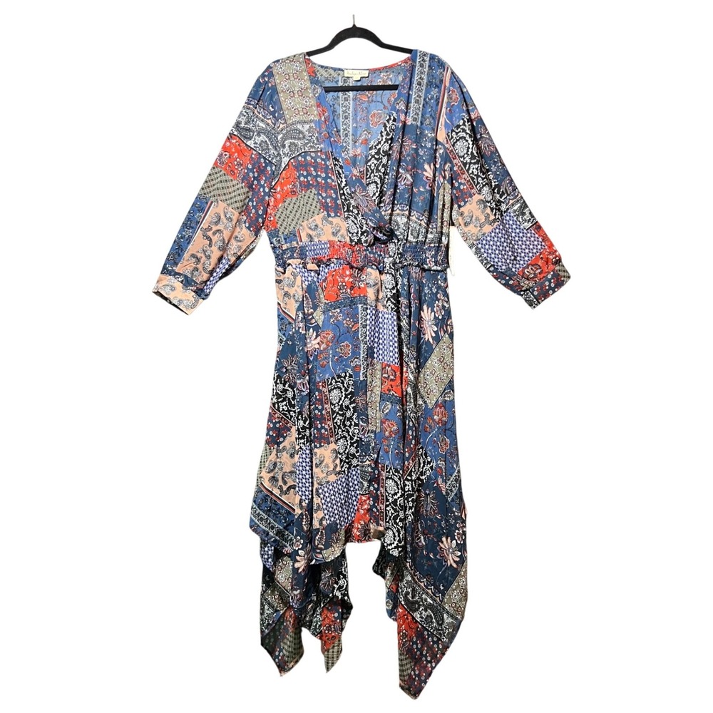 Indigo Rose 3X‎ Patchwork Dress Paisley Handkerchief Hem Blue Red Boho Peasant